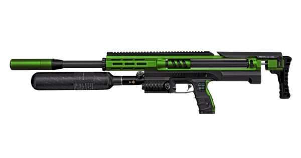 Skout airgun with a green and black body and attached air tank