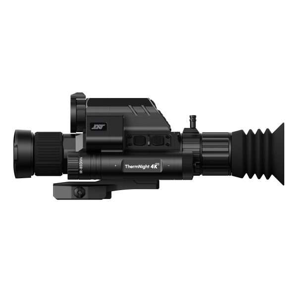 Side view of a black ThermNight 4K thermal optic mounted on a rifle rail with adjustment knobs and ribbed eyepiece surface.