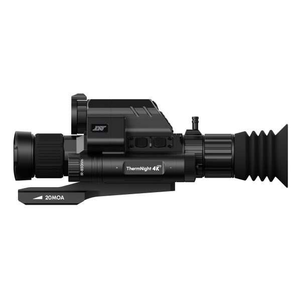Black ThermNight 4K thermal rifle scope with 20MOA mount and IR-850nm markings, shown from the side.