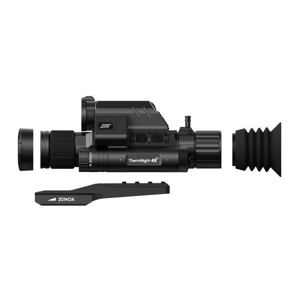 Black tactical rifle scope with side knobs and a large lens hood, labeled ThermNight 4K, shown in profile on a mounting rail.