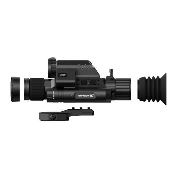 Black thermal/night-vision rifle scope with adjustable knobs and front lens hood, labeled ThermNight 4K