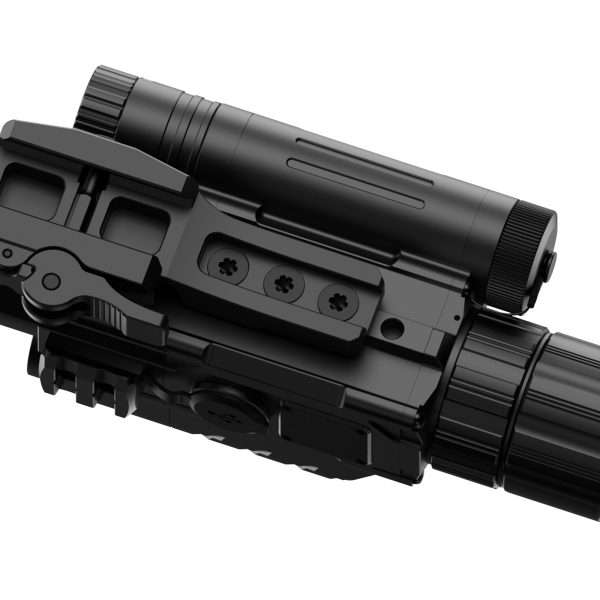 Close-up of a black LEGO gun accessory with rails and a scope mount on a dark build surface.