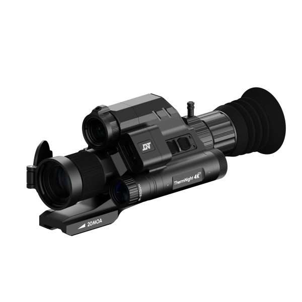 Close-up of a ThermNight 4K thermal riflescope mounted on a 20MOA rail.