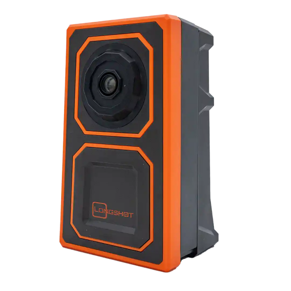 Ranger_FRONT_2_376d6bfc-6e12-4229-b3ef-cf67e2f2337b1 – Missouri Airguns Rugged orange-and-black LongShot action camera with prominent lens on the front.