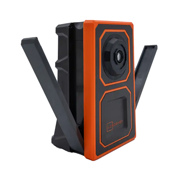 Ranger_Legs_FRONT_21 – Missouri Airguns Rugged orange-and-black action camera with a prominent round lens on the front and protective frame arms around it.