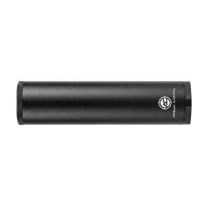 Black cylindrical airgun silencer with a textured left end and Airgun Central logo on the right edge.