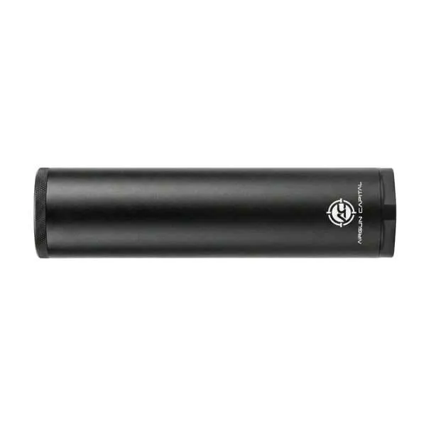 Airgun Capital Eagle Airgun Suppressor – Missouri Airguns Black cylindrical airgun silencer with a textured left end and Airgun Central logo on the right edge.
